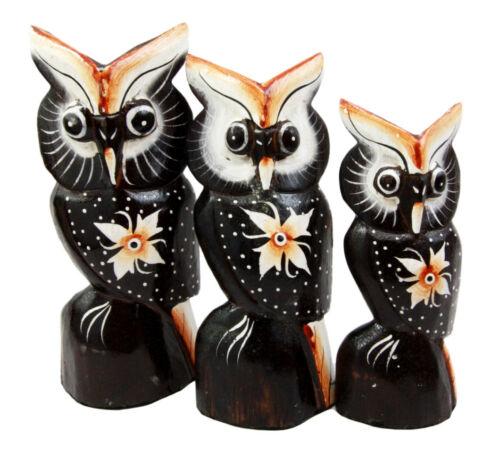 Balinese Wood Handicrafts Star Flower Night Owl Family Set of 3 Figurines 7.5