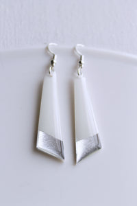 Contemporary handcrafted white and silver vinyl record dangle earrings