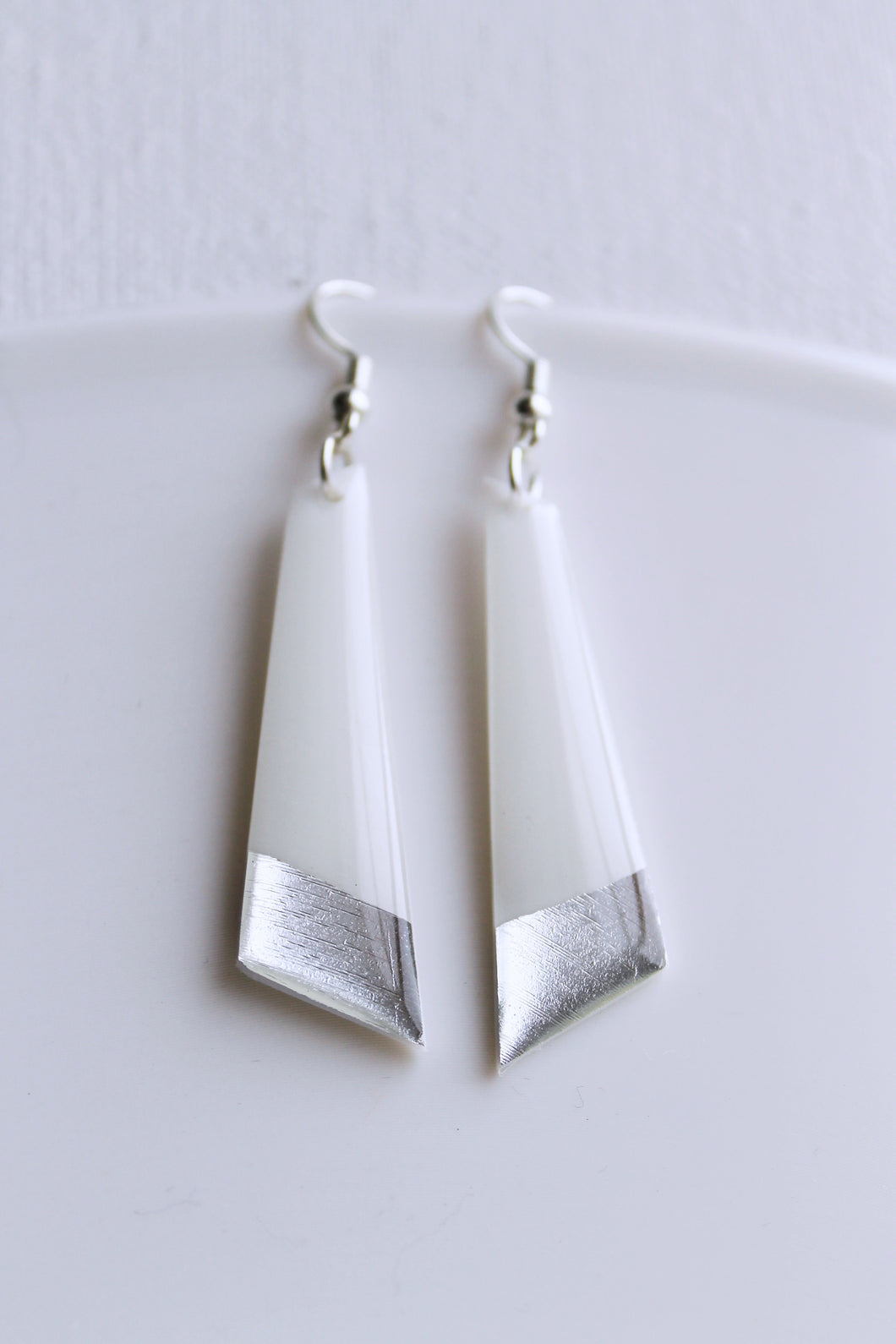 Contemporary handcrafted white and silver vinyl record dangle earrings