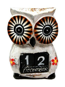 Balinese Wood Handicrafts Hypnosis Eyed White Owl Desktop Calendar Figurine 4.5"