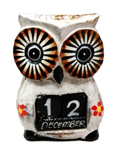 Balinese Wood Handicrafts Hypnosis Eyed White Owl Desktop Calendar Figurine 4.5