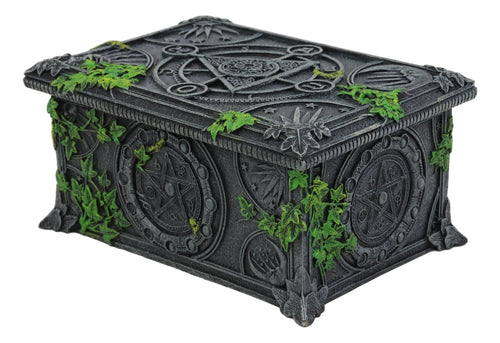 Ebros Celestial Lunar Moon Astrology Pentagram Tarot Card Deck Holder Jewelry Box Figurine with Alchemy Symbols and Ivy Lichen Borders Home Decor Statue Wicca Witchcraft Talisman
