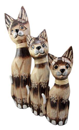 Balinese Wood Handicraft Striped Feline Cat Family Set of 3 Figurines 20