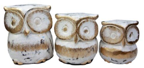 Balinese Wood Handicrafts White & Gold Forest Owl Family Set of 3 Figurines 4