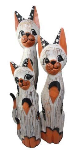 Balinese Wood Handicraft Polka Orange Feline Cat Family Set of 3 Figurines 20