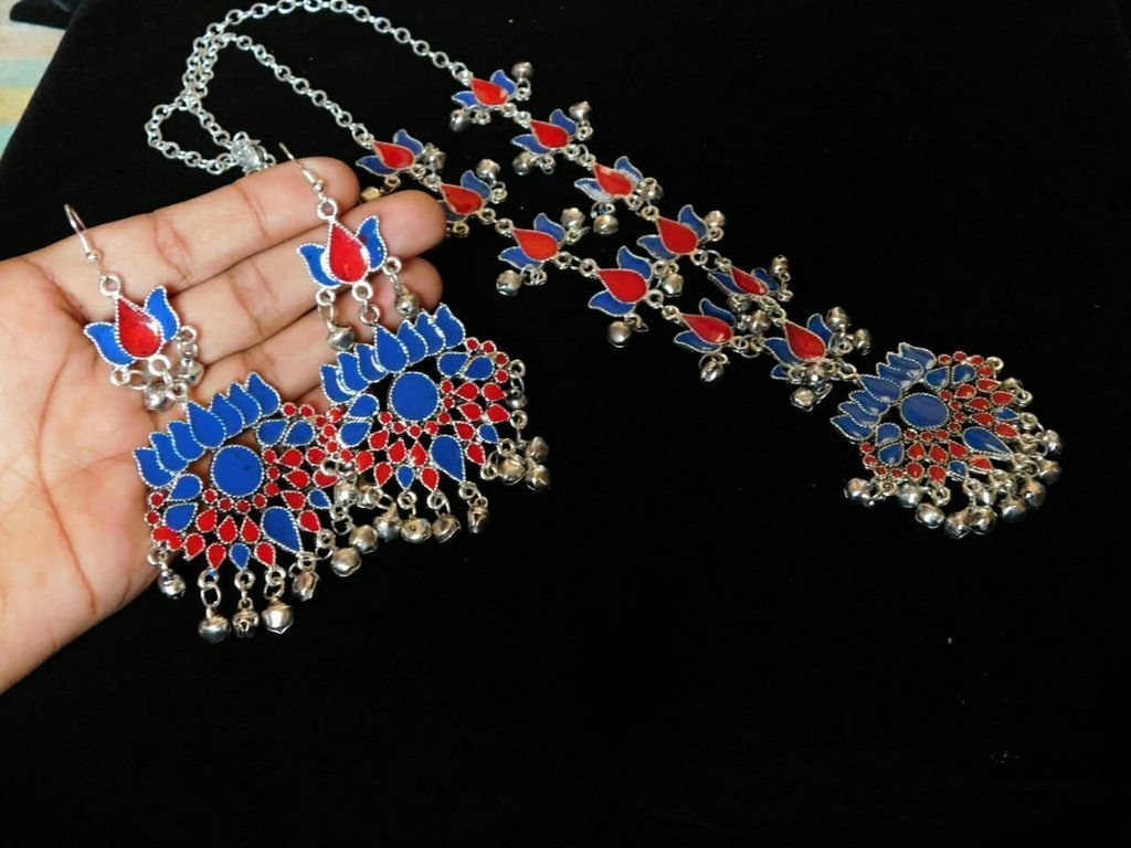 Blue & Red Color Handcrafted Afghani Necklace set With Ghungroo Droppings