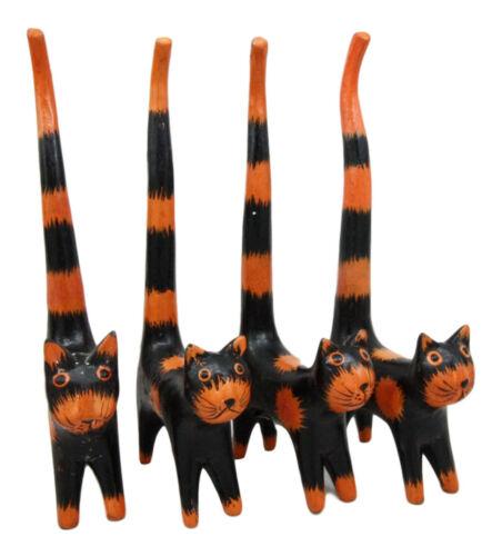 Balinese Wood Handicrafts Orange Sunburst Feline Kittens Cats Set of 4 Figurines