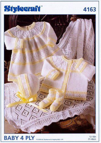 Dress, Cardigan, Bonnet, Bootees and Shawl in Stylecraft Wondersoft 4 Ply (4163)