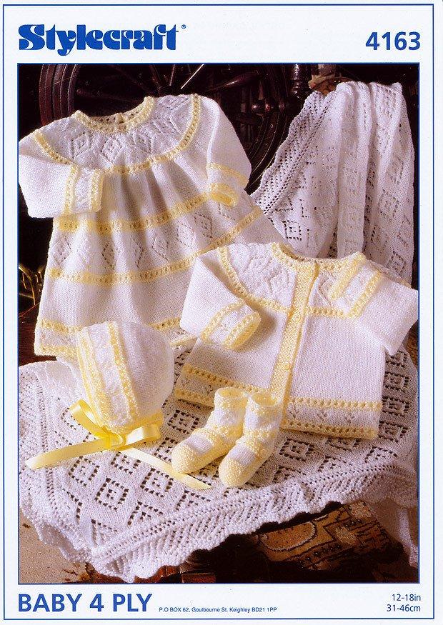 Dress, Cardigan, Bonnet, Bootees and Shawl in Stylecraft Wondersoft 4 Ply (4163)