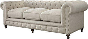 Crisp Elegant Sofa with Six Turned Feet Frame Crafted of Wood Glossy Espresso Finish Rolled Arms Wrapped in Solid Hued Linen Chic Nail Head Trim Diamond Tufted Back Living Room Furniture Décor