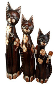 Balinese Wood Handicraft Flora & Fauna Feline Cat Family Set of 3 Figurines 23"H