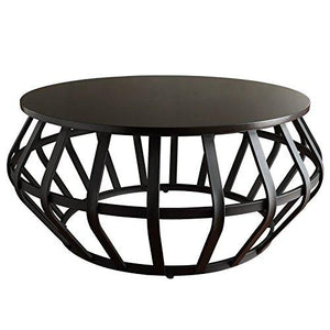 Artistic and Modern Coffee Table Crafted From Metal Cage Slate Base & Round Wood Particle Board in Dark Cherry Top