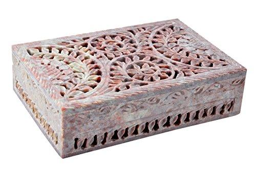 Artisan Handmade Handcrafted Soap Stone Open Cut Floral Design  Jewelry Storage Trinket  Box Home Accent