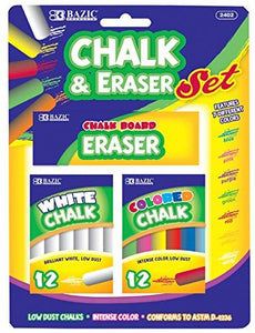 BAZIC 12 Color & 12 White Chalk w/ Eraser Set for School, Crafts, or Outside Play. 1