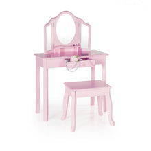 Load image into Gallery viewer, Save on guidecraft vanity and stool pink kids wooden table and chair set with 3 mirrors and make up drawer storage for toddlers childrens furniture