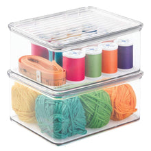 Load image into Gallery viewer, Results mdesign stackable plastic craft sewing crochet storage container bin with attached lid compact organizer and holder for thread beads ribbon glitter clay small 3 high 8 pack clear