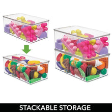 Load image into Gallery viewer, Top rated mdesign stackable closet plastic storage bin box with lid container for organizing childs kids toys action figures crayons markers building blocks puzzles crafts 5 high 4 pack clear