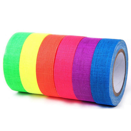E-More UV Blacklight Reactive Spike Tape Fluorescent Adhesive Tapes Gaffer Tape Dry Erase Neon Tapes for Parties Whiteboard Art Tape Craft Decorations Fluorescent Cloth Tape for Floors Stages (6 Pack) 6 Pack