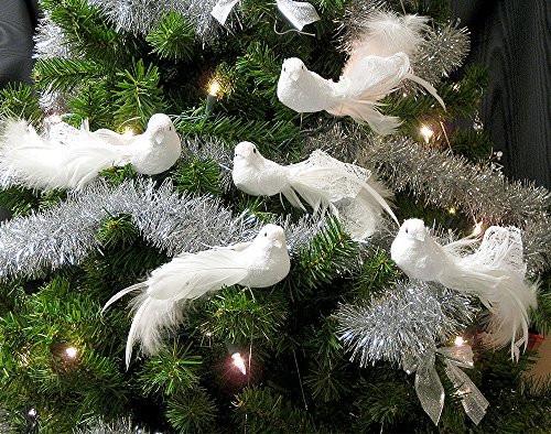 Artificial Birds - Set of 12 White Feather Doves with Metal Wire Plant Stems - Long Tail Craft Birds - Turtle Dove Decorations(3611)