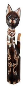 Balinese Wood Handicraft Large Carved Batik Feline Kitty Cat Figurine 23.25"H