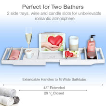 Load image into Gallery viewer, Top rated royal craft wood bamboo bathtub caddy tray with wine and book holder one or two person bath tray with extending sides free soap dish white