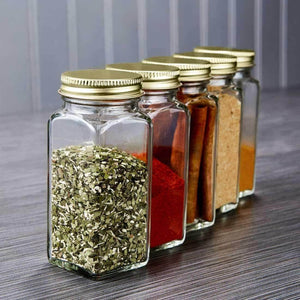 Latest 12 square clear glass bottles containers jars 4oz with gold metal lids and shaker tops empty organizer set deluxe decorative modern spices seasoning food crafts gifts