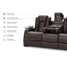 Load image into Gallery viewer, Save seatcraft 162e51151559 v1 omega home theater seating leather gel recline sofa with adjustable powered headrests fold down table and lighted cup holders brown