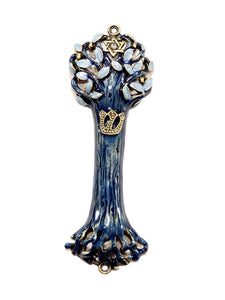 Bless This House with Tree of Life Mezuzah Case, Wooden Texture Design and Crafted in Brass 4" for The Jewish Homes, Blue Indigo Color