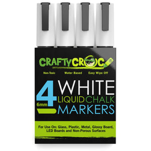 Crafty Croc 4 White Liquid Chalk Markers, 6mm Reversible Medium Tip 4 Pack White Bold (6mm)