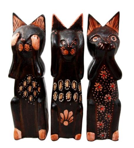 Balinese Wood Handicrafts Wise See Hear Speak No Evil Coastal Cat Figurines Set