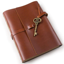 Load image into Gallery viewer, Shop here unique genuine leather handmade diary journal travel notebook sketchbook with strap bind and key style buckle stitched by hand with craft paper red brown a5 blank craft paper