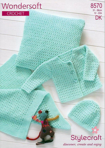 Crochet Cardigan, Hat, Blanket & Cushion in Stylecraft Wondersoft DK (8570)