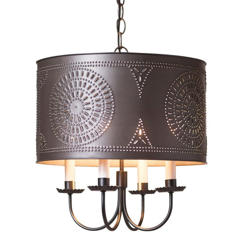 DRUM CHANDELIER - Kettle Black Punched Tin Handcrafted Light