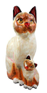 Balinese Wood Handicrafts Adorable Orange Feline Cat & Kitten Family Figurine