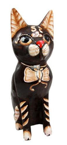 Balinese Wood Handicrafts Adorable Feline Cat With Butterfly Bow Tie Figurine