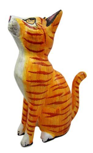 Balinese Wood Handicrafts Striped Yellow Feline Cat Purr Kitten Figurine 8