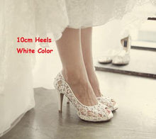 Load image into Gallery viewer, Bling Bling Flowers Wedding Shoes Pretty Stunning Heeled Bridal Dress Shoes Peep Toe White Lace Crystal Hand-crafted Prom Pumps