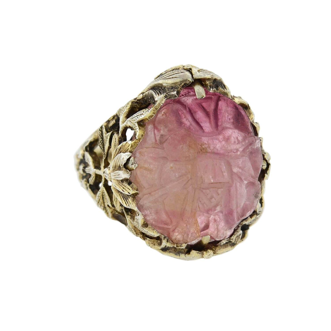Arts & Crafts Sterling Gilt Carved Tourmaline Floral Filigree Ring