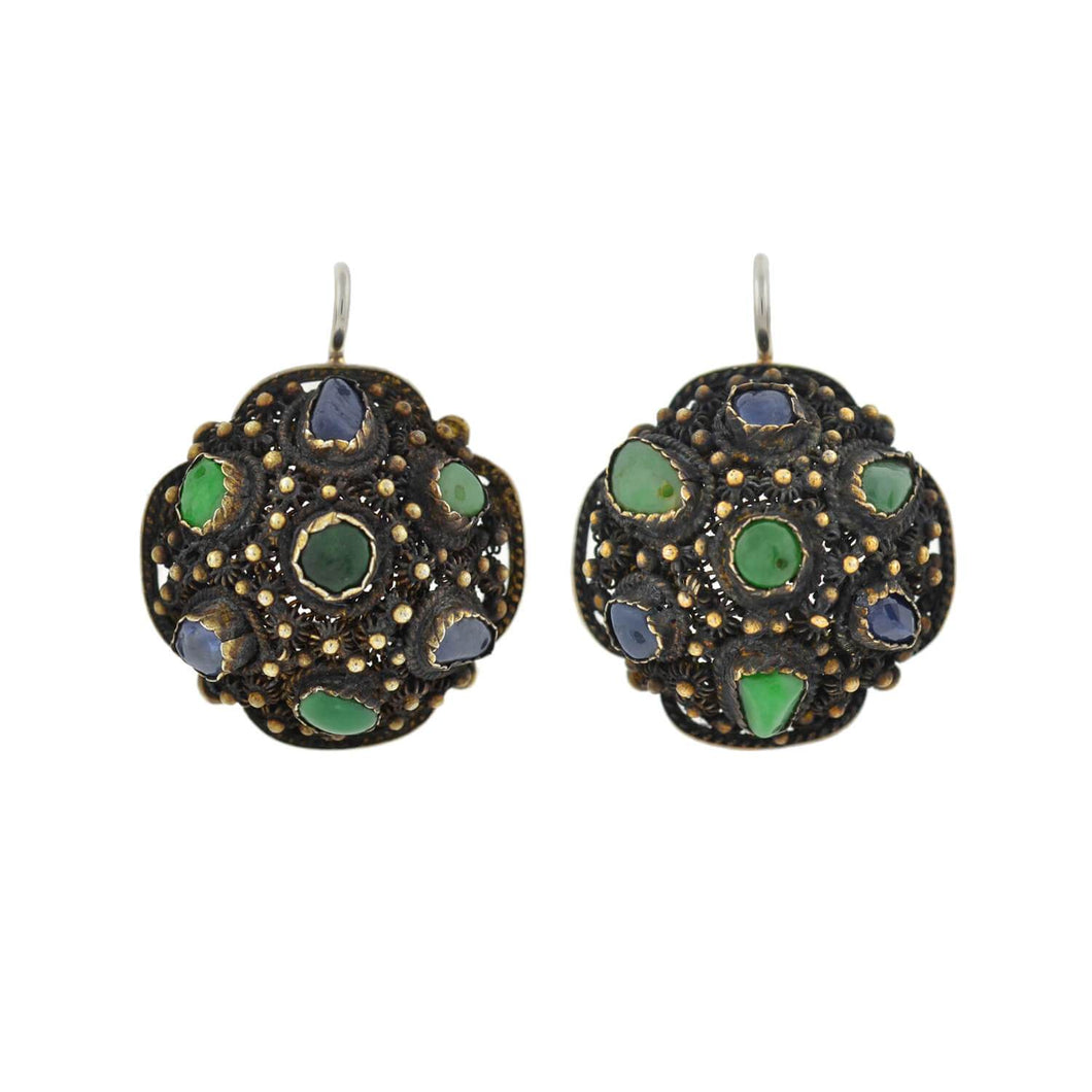 Arts & Crafts Chinese Silver Gilt Jade + Sapphire Filigree Earrings