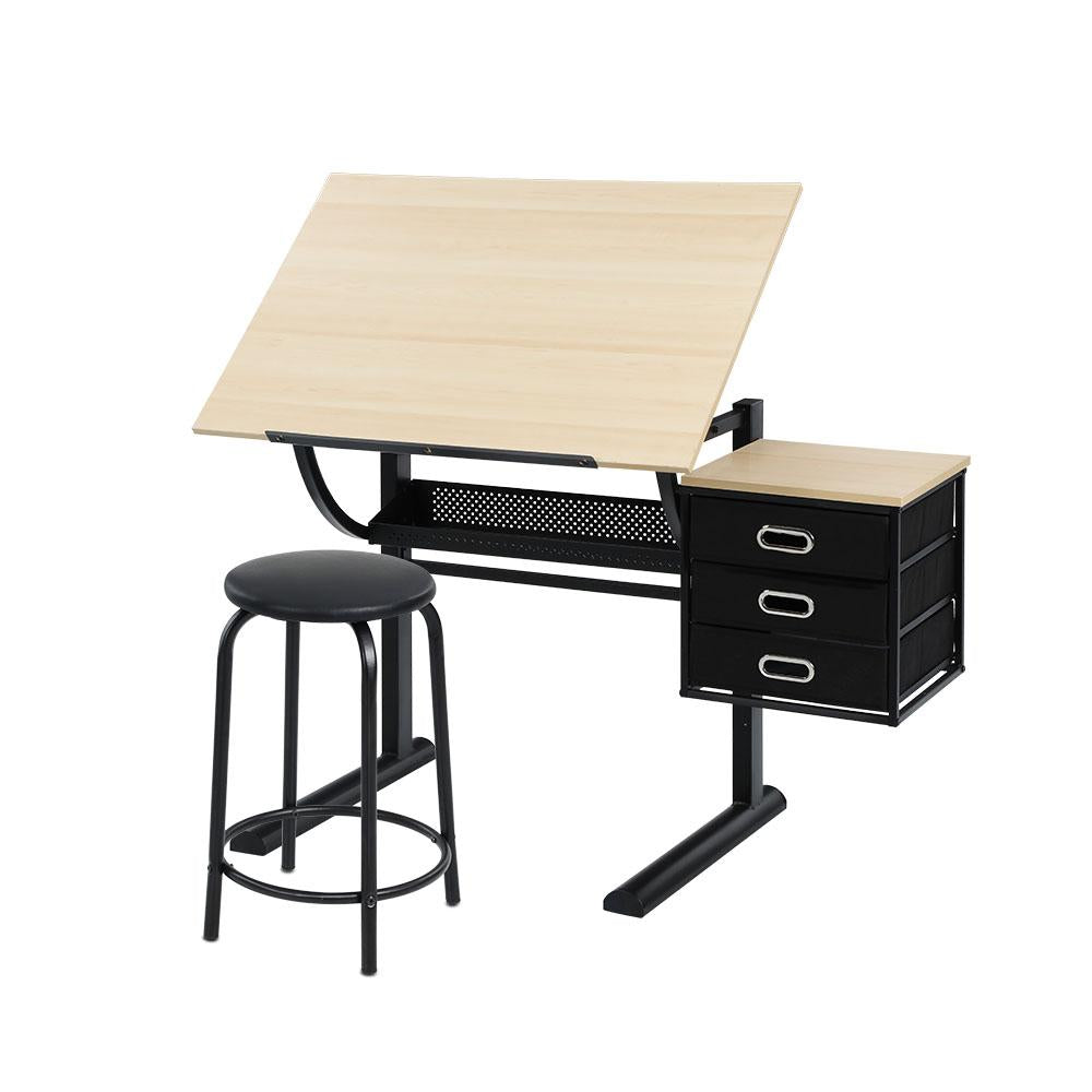 Artiss Drawing Desk With Stool Tilt Drafting Table Set Drawer Art Craft Student Natural Black