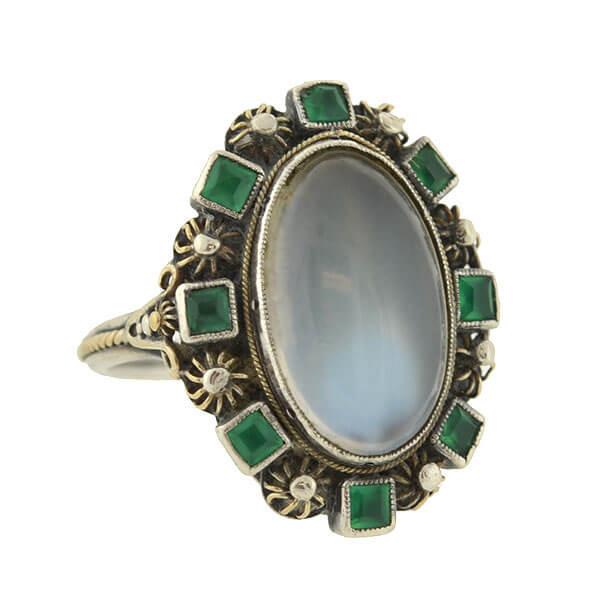 Arts & Crafts Sterling/14kt Moonstone Emerald Cluster Ring