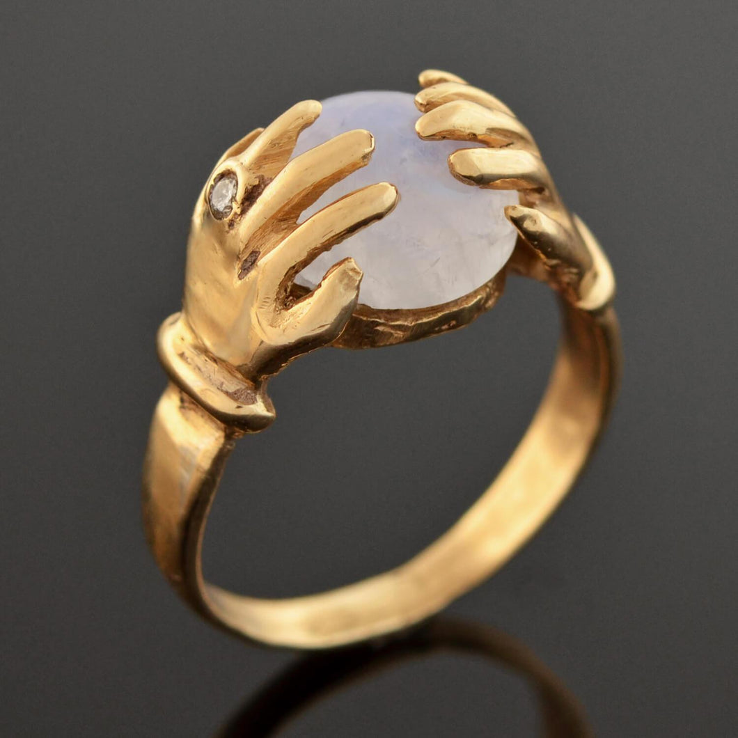 Arts & Crafts 14kt Moonstone + Diamond Fortune Teller Ring