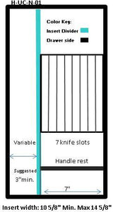 Craftsman Series - Style H Narrow Utensil Organizer & Cutlery Storage (H-UK-N-01)  Drawer Interior Size Range: Width 10 5/8" - 14 5/8", Depth 15" - 21". Insert Min/Max Height see details below