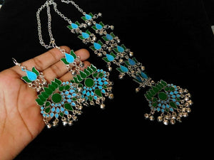 Blue & Green Color Handcrafted Afghani Necklace Set With Ghungroo Droppings
