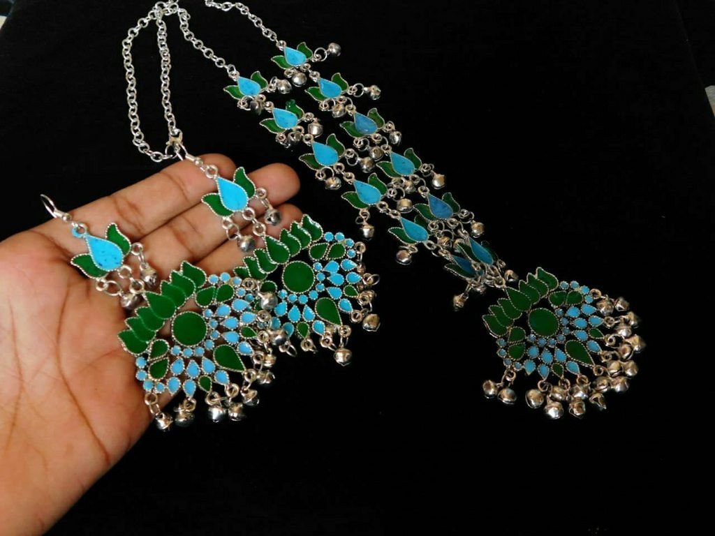 Blue & Green Color Handcrafted Afghani Necklace Set With Ghungroo Droppings