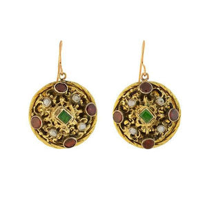 Arts & Crafts Hungarian Silver Gilt Garnet, Emerald + Pearl Earrings