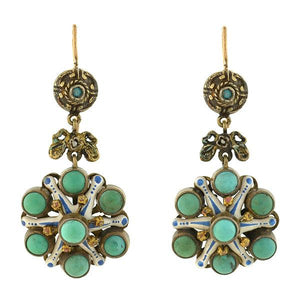 Arts and Crafts Hungarian Silver Gilt Turquoise + Enamel Earrings