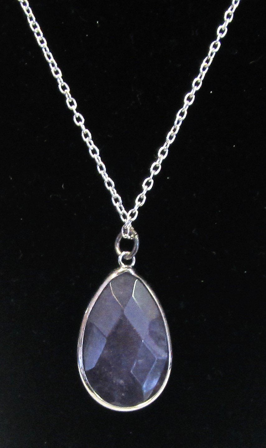 Beautiful handcrafted silver plated necklace with bezel purple quartz teardrop