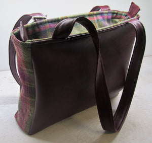 Beautiful handcrafted wine faux leather and Harris tweed handbag with two handles