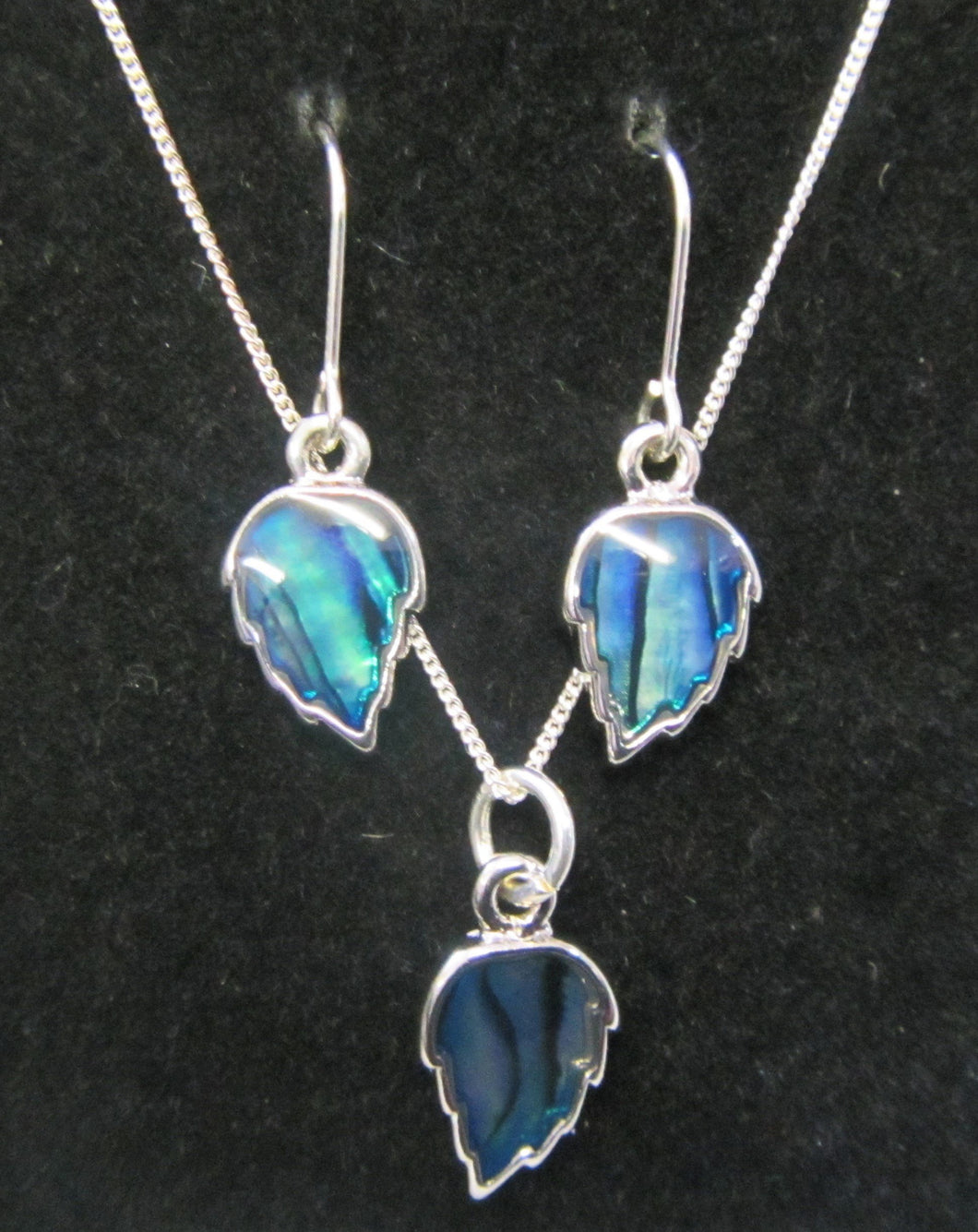 Beautiful handcrafted sterling silver blue abalone leaf jewellery set